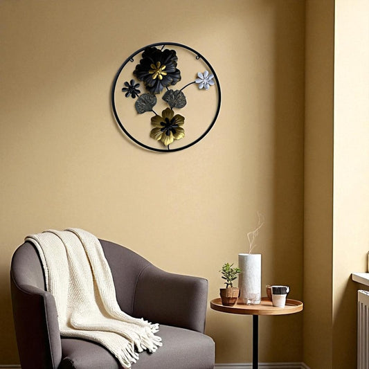 Metal Floral Wall Art in Circular Frame